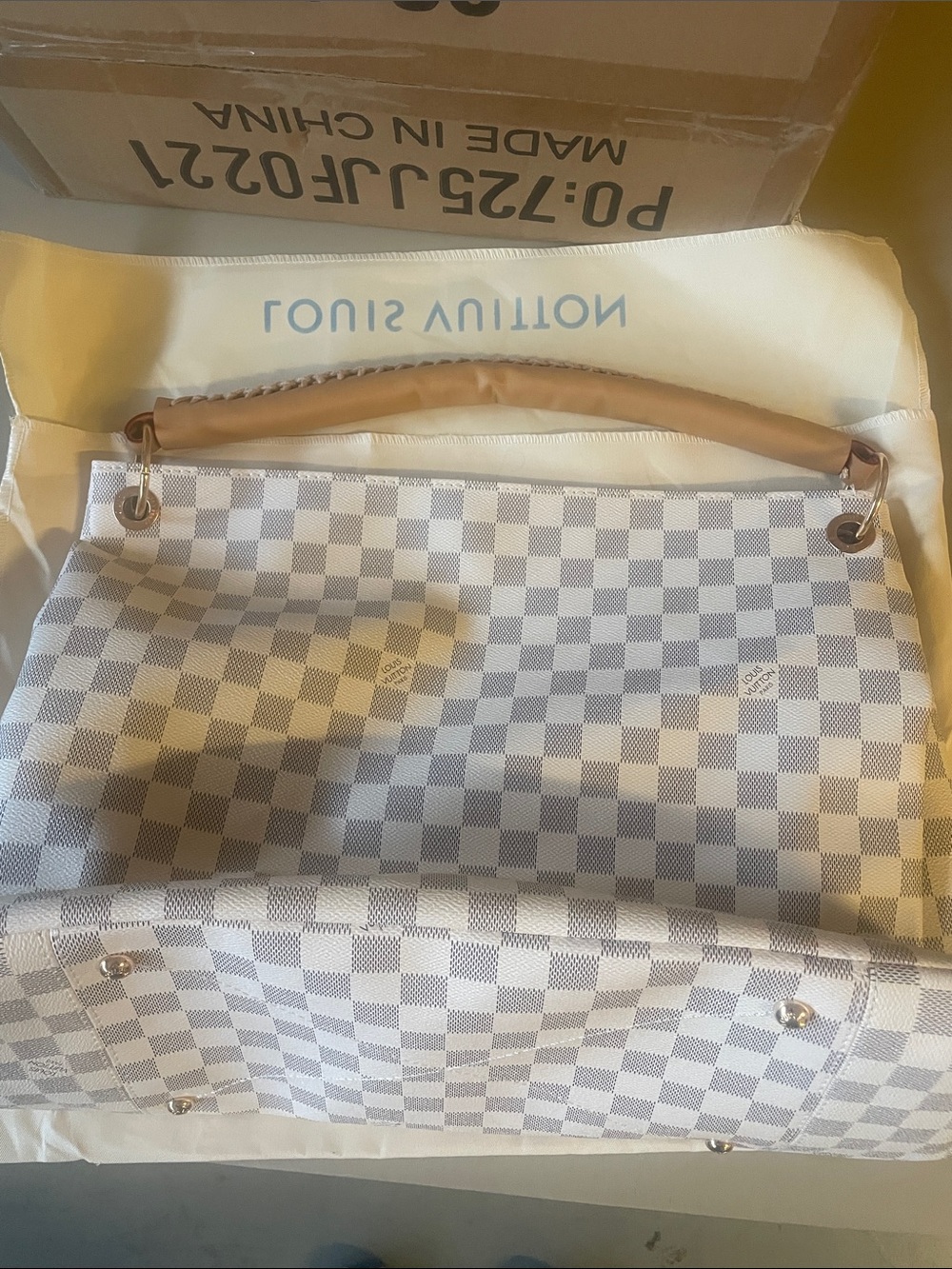 Louis Vuitton Damier Azur Shoulder Bag - Light Gray/White with Tan Handle